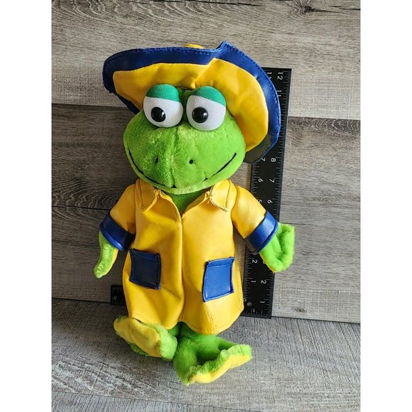 Plush Green Frog Yellow Raincoat Stuffed Animal PEEK-A-BOO Toys Spring - Picture 8 of 8